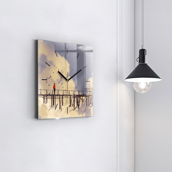 Square glass wall clock Man on the old bridge