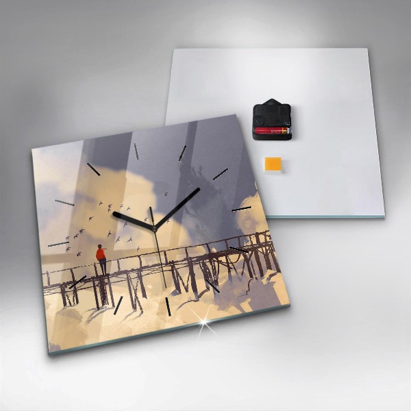 Square glass wall clock Man on the old bridge