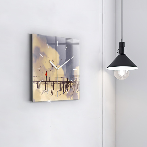 Square glass wall clock Man on the old bridge