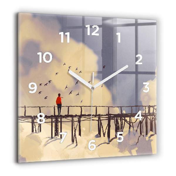 Square glass wall clock Man on the old bridge