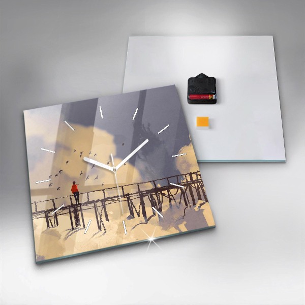 Square glass wall clock Man on the old bridge