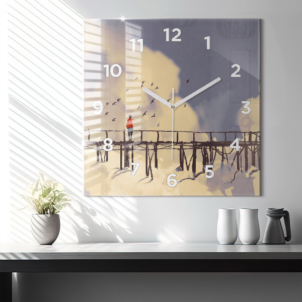 Square glass wall clock Man on the old bridge