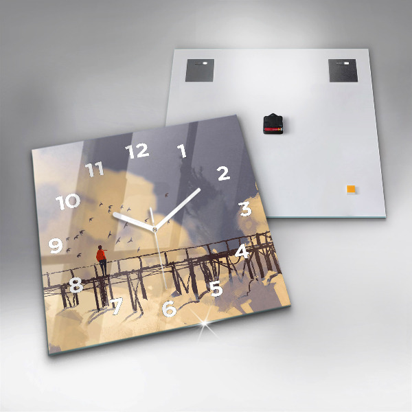 Square glass wall clock Man on the old bridge