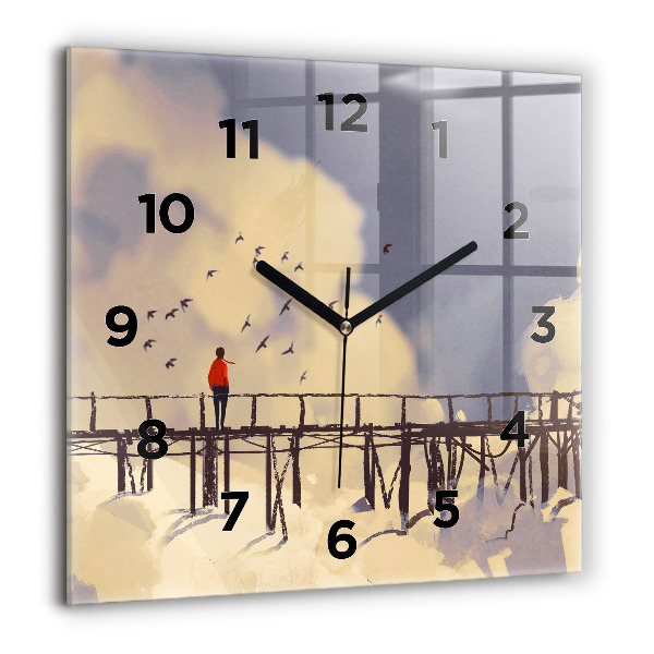 Square glass wall clock Man on the old bridge