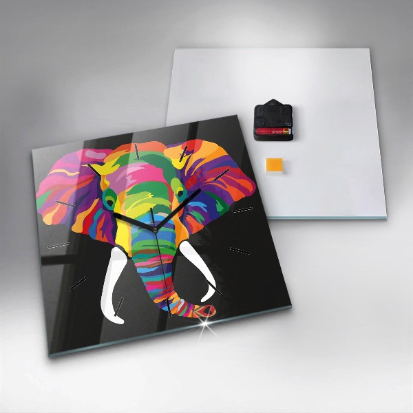 Square glass wall clock Colorful elephant