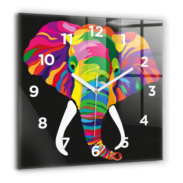 Square glass wall clock Colorful elephant