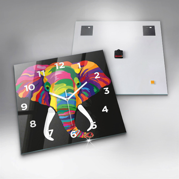 Square glass wall clock Colorful elephant