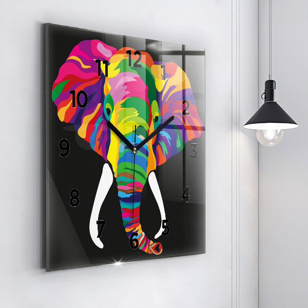 Square glass wall clock Colorful elephant