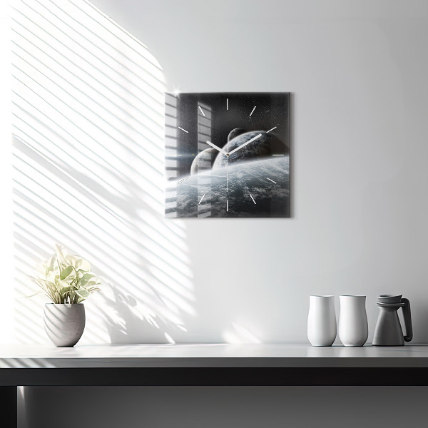 Square glass wall clock Space and planets