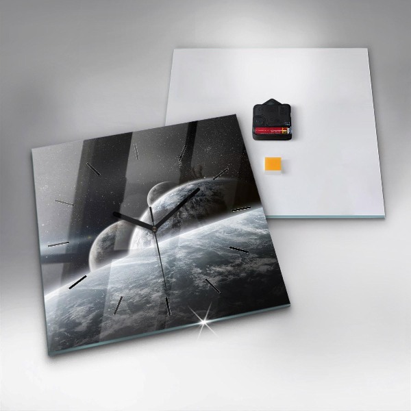 Square glass wall clock Space and planets