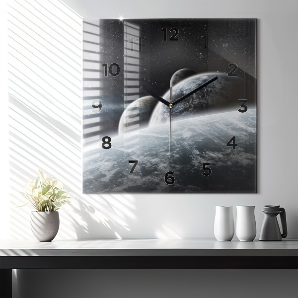 Square glass wall clock Space and planets