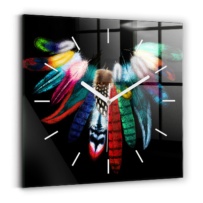 Square glass wall clock Colorful bird feathers