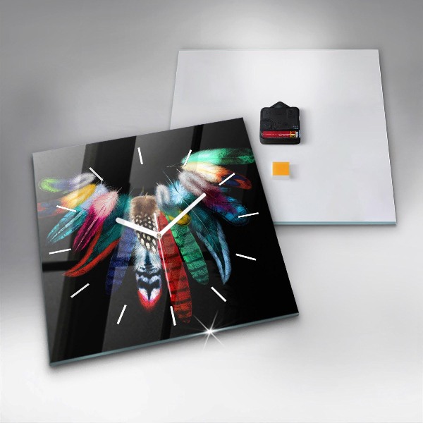 Square glass wall clock Colorful bird feathers