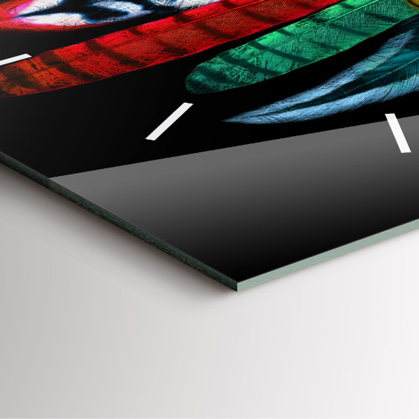 Square glass wall clock Colorful bird feathers