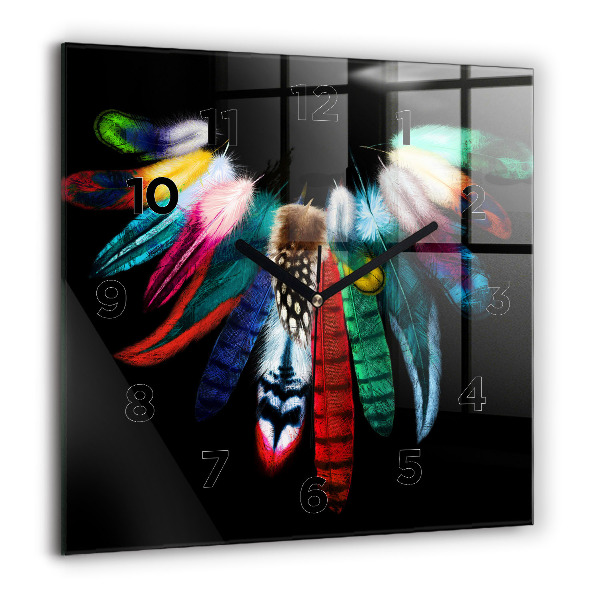 Square glass wall clock Colorful bird feathers