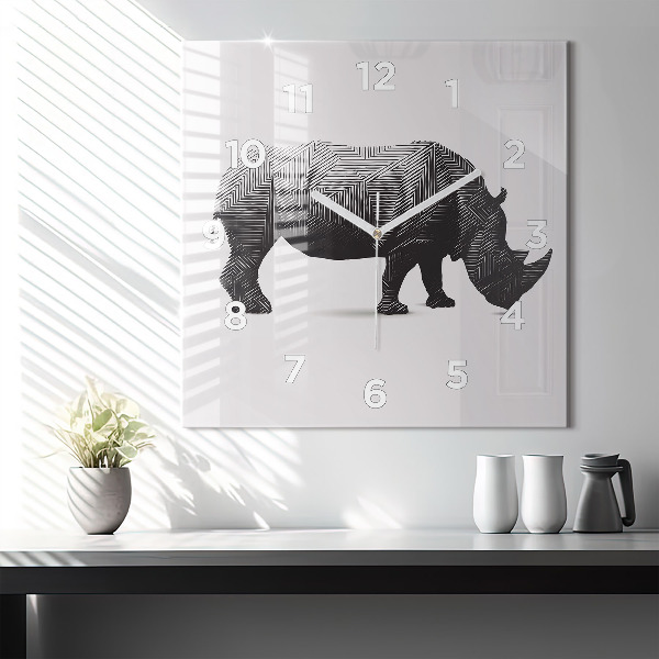Square glass wall clock Rhinoceros line art