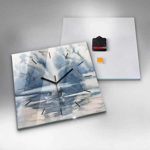 Square glass wall clock Fisherman on the lake