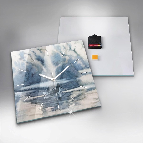 Square glass wall clock Fisherman on the lake