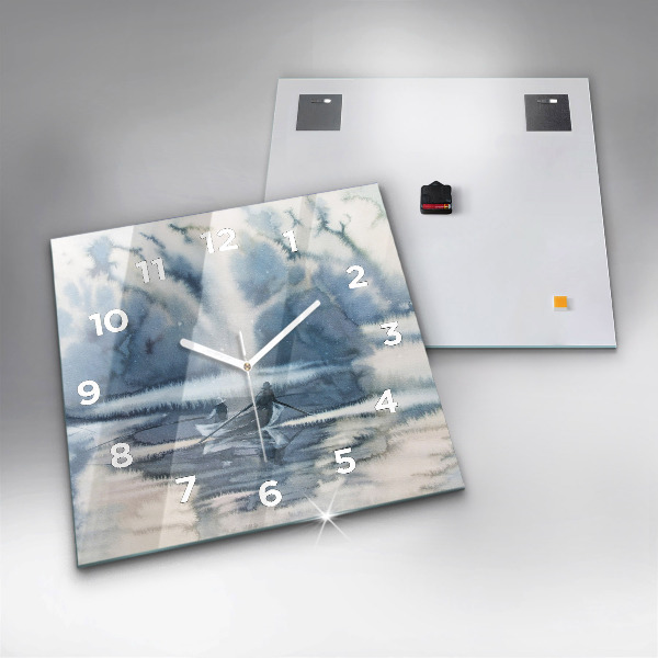Square glass wall clock Fisherman on the lake