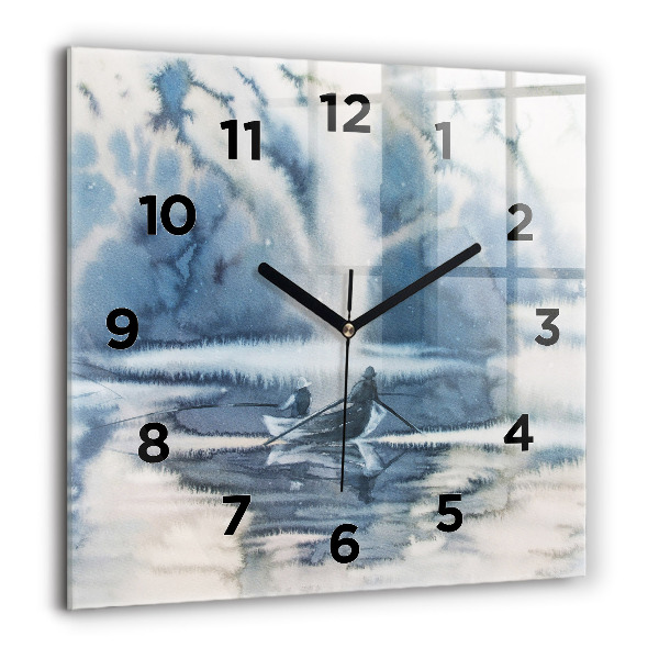 Square glass wall clock Fisherman on the lake