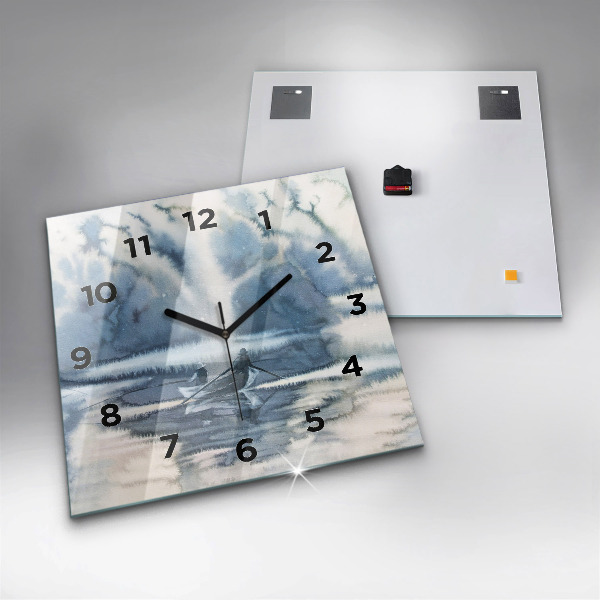 Square glass wall clock Fisherman on the lake
