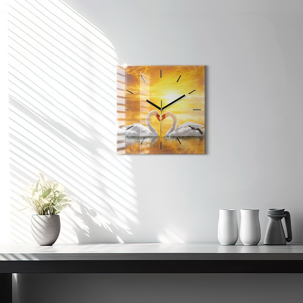 Square glass wall clock Swans in Love