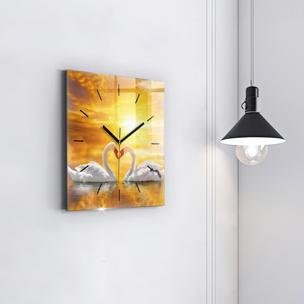 Square glass wall clock Swans in Love