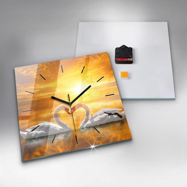 Square glass wall clock Swans in Love
