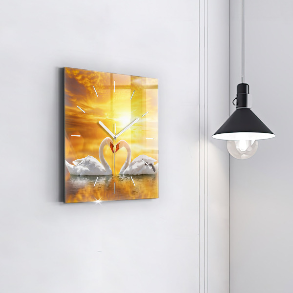 Square glass wall clock Swans in Love