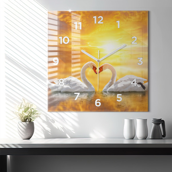 Square glass wall clock Swans in Love