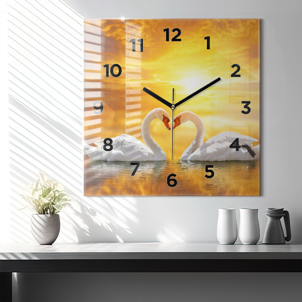 Square glass wall clock Swans in Love