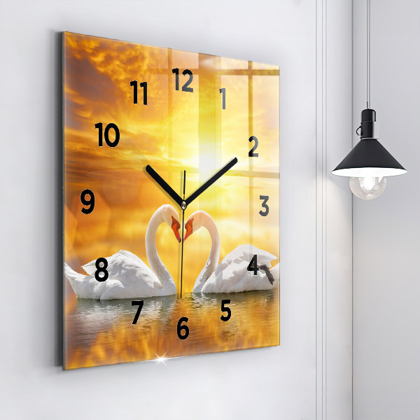 Square glass wall clock Swans in Love