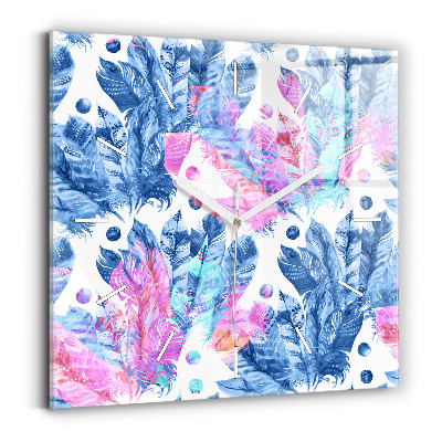 Square glass wall clock Colorful feathers