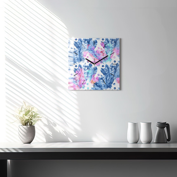 Square glass wall clock Colorful feathers
