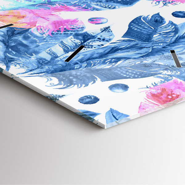 Square glass wall clock Colorful feathers