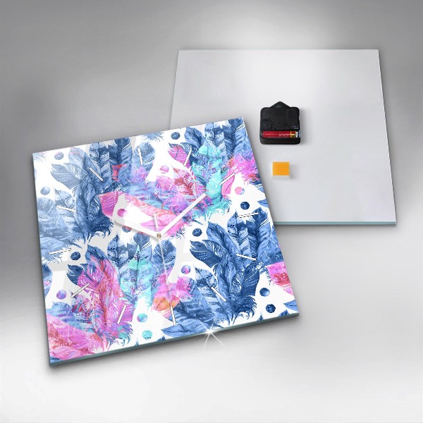 Square glass wall clock Colorful feathers
