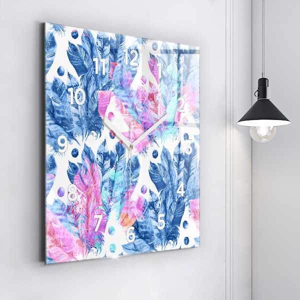Square glass wall clock Colorful feathers