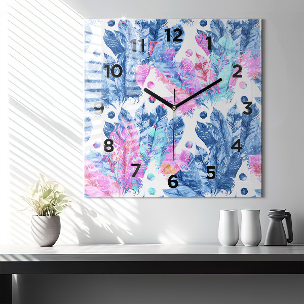 Square glass wall clock Colorful feathers