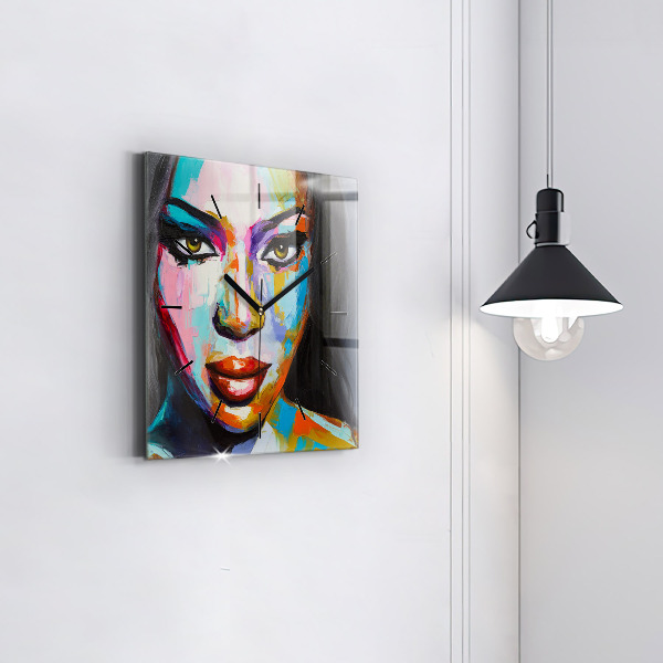 Square glass wall clock Colorful woman's face