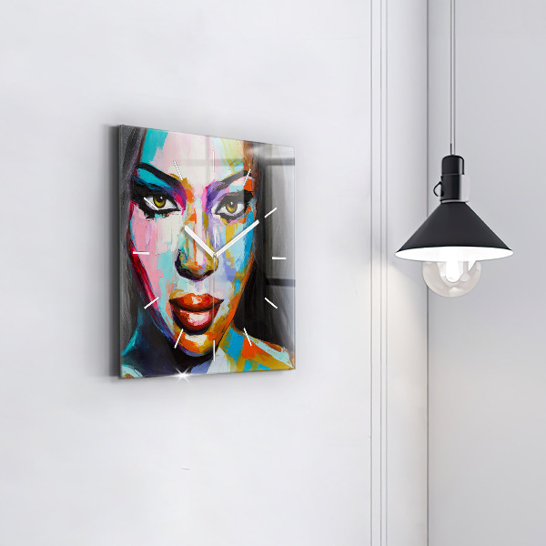 Square glass wall clock Colorful woman's face