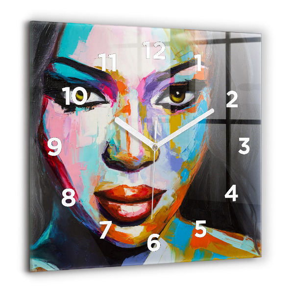 Square glass wall clock Colorful woman's face