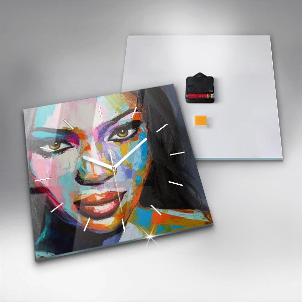 Square glass wall clock Colorful woman's face