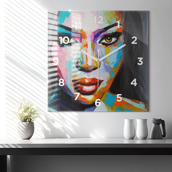 Square glass wall clock Colorful woman's face