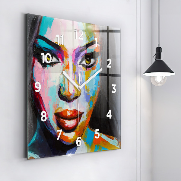 Square glass wall clock Colorful woman's face