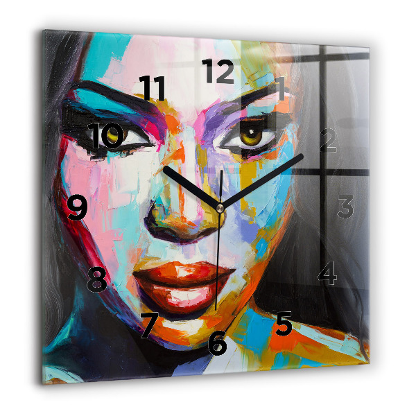 Square glass wall clock Colorful woman's face