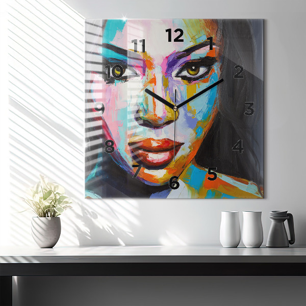 Square glass wall clock Colorful woman's face