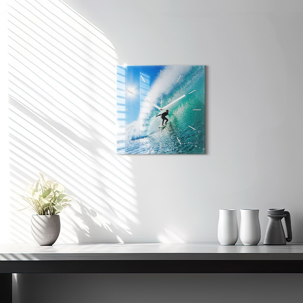Square glass wall clock Surfing in Hawaii