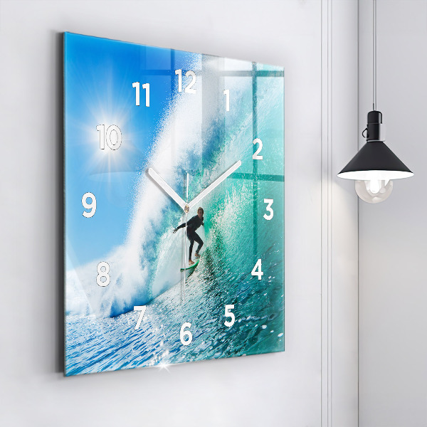 Square glass wall clock Surfing in Hawaii