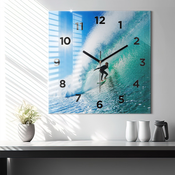 Square glass wall clock Surfing in Hawaii