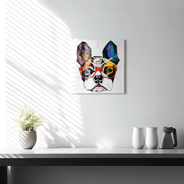 Square glass wall clock French bulldog with glasses